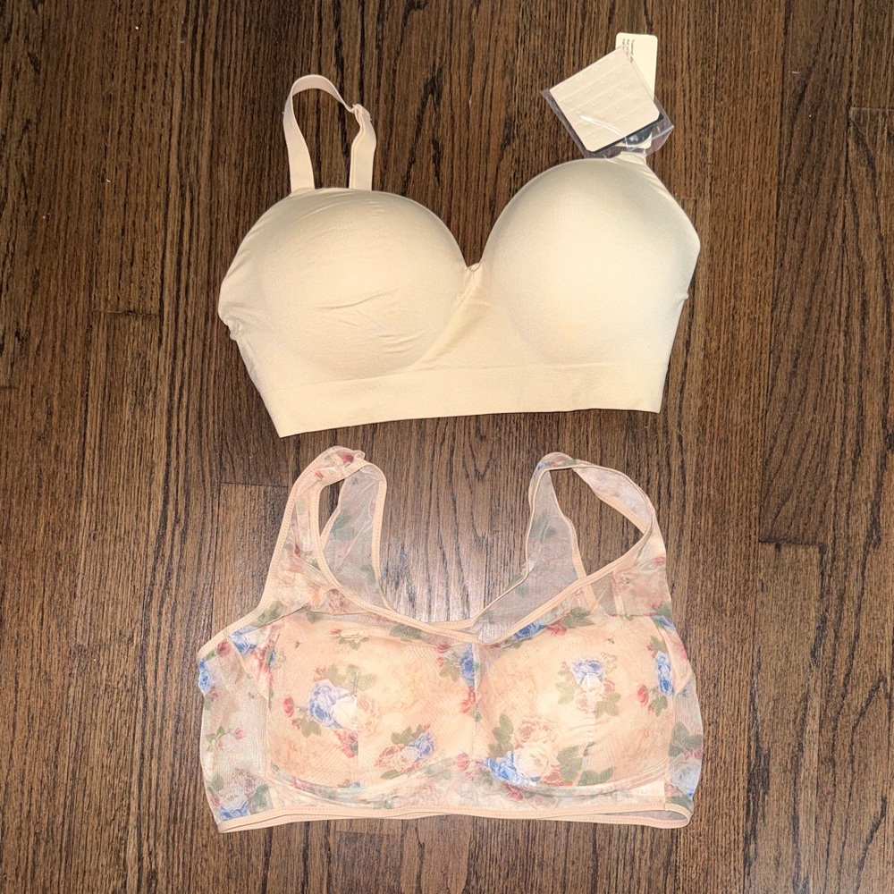 Light Nude Longline Wireless Bra with Floral Mesh Bralette
